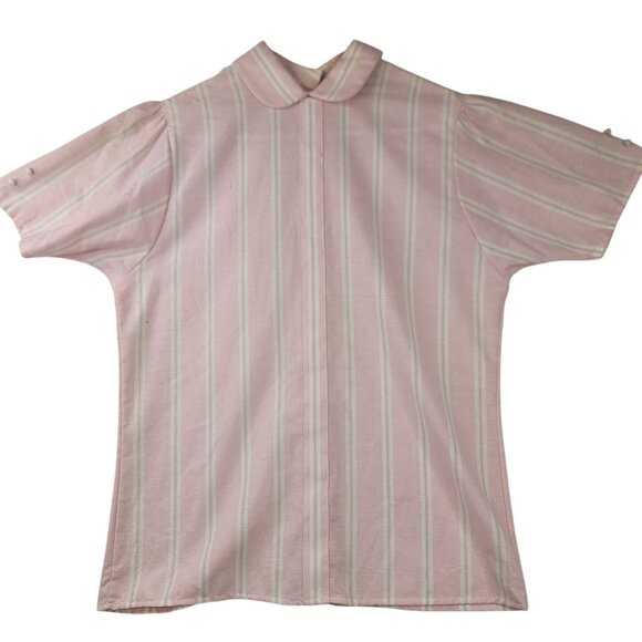 Vintage Mr. Witt Pink Striped Button Front Top Peter Pan Collar Short Sleeves US - Picture 1 of 11